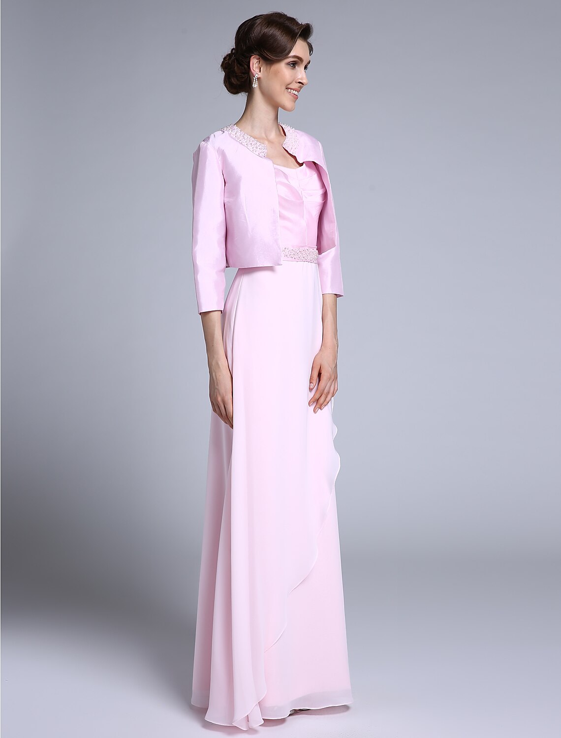 wholesale  Sheath / Column Mother of the Bride Dress Scoop Neck Floor Length Chiffon 3/4 Length Sleeve No with Beading