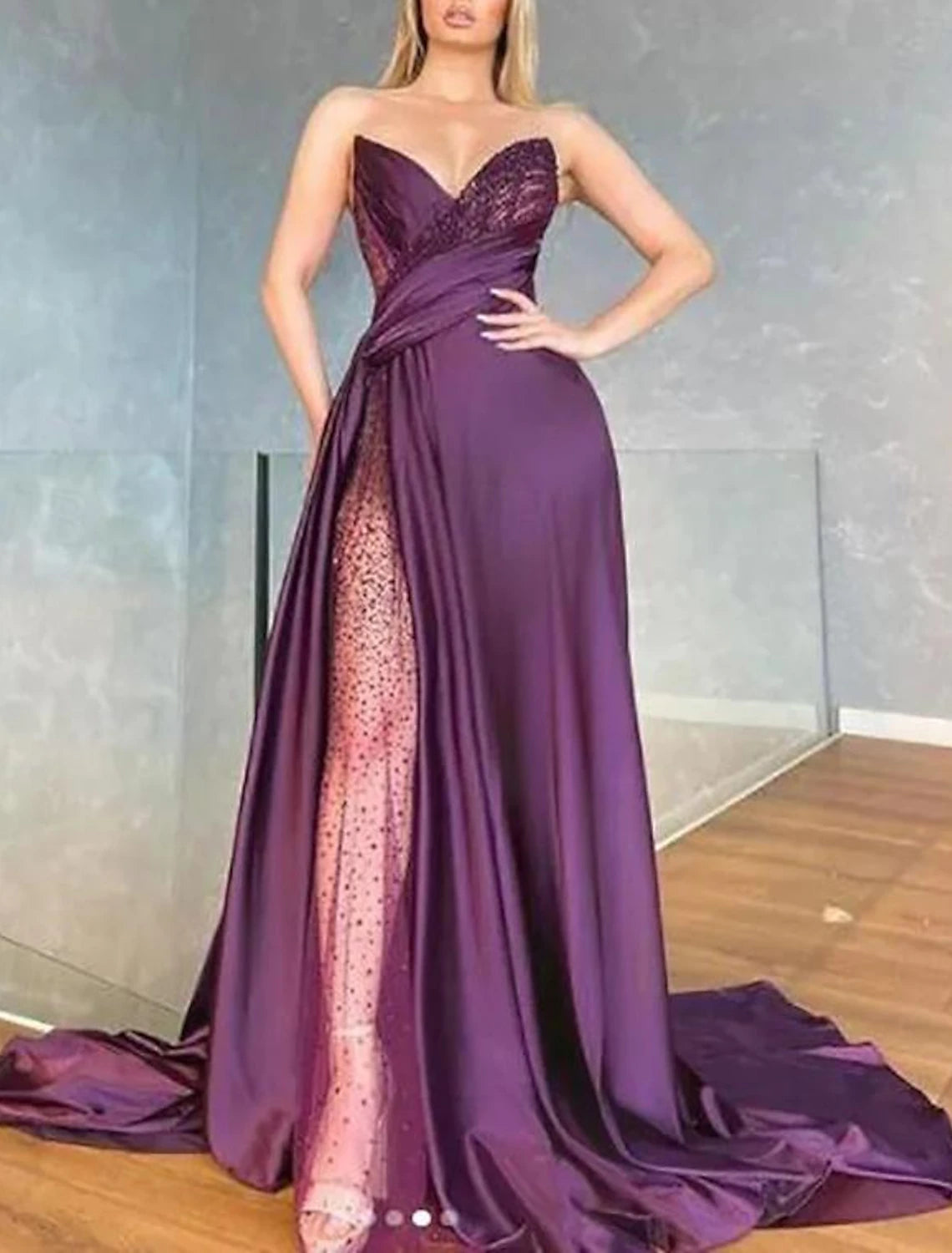 Wholesa A-Line Prom Dresses Elegant Dress Formal Prom Floor Length Sleeveless Spaghetti Strap Satin with Glitter Sequin Slit