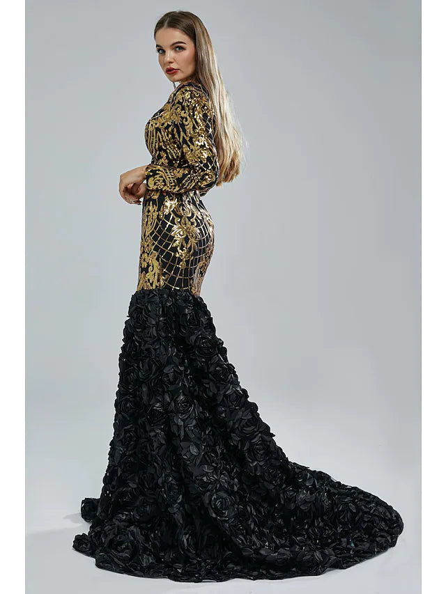 Wholesa Mermaid / Trumpet Evening Gown Elegant Dress Engagement Court Train Long Sleeve V Neck Sequined with Sequin