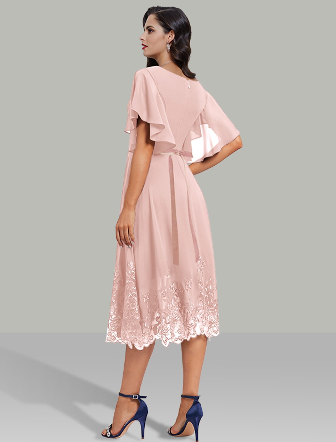 Wholesa  A-Line Wedding Guest Dresses Elegant Dress Cocktail Party Tea Length Short Sleeve V Neck Belt / Sash Chiffon with Rhinestone Glitter Embroidery