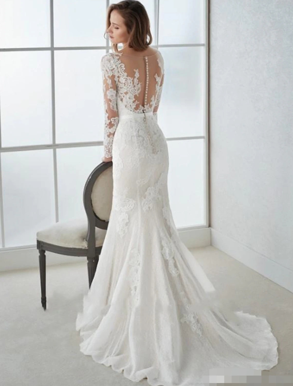 wholesale  Engagement Formal Fall Wedding Dresses Mermaid / Trumpet V Neck Long Sleeve Sweep / Brush Train Lace Open Back Bridal Gowns With Summer Wedding Party