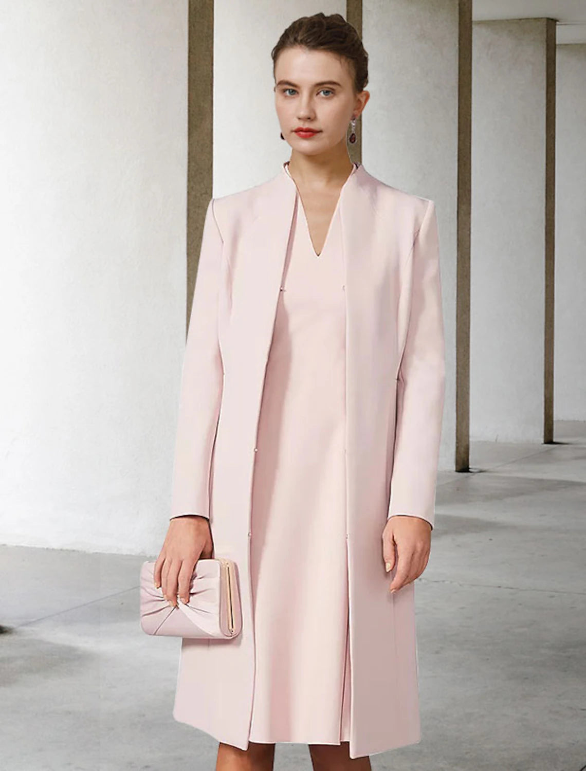 wholesale  Two Piece A-Line Mother of the Bride Dress Wedding Guest Church Elegant V Neck Knee Length Chiffon Short Sleeve Jacket Dresses with Solid Color Fall