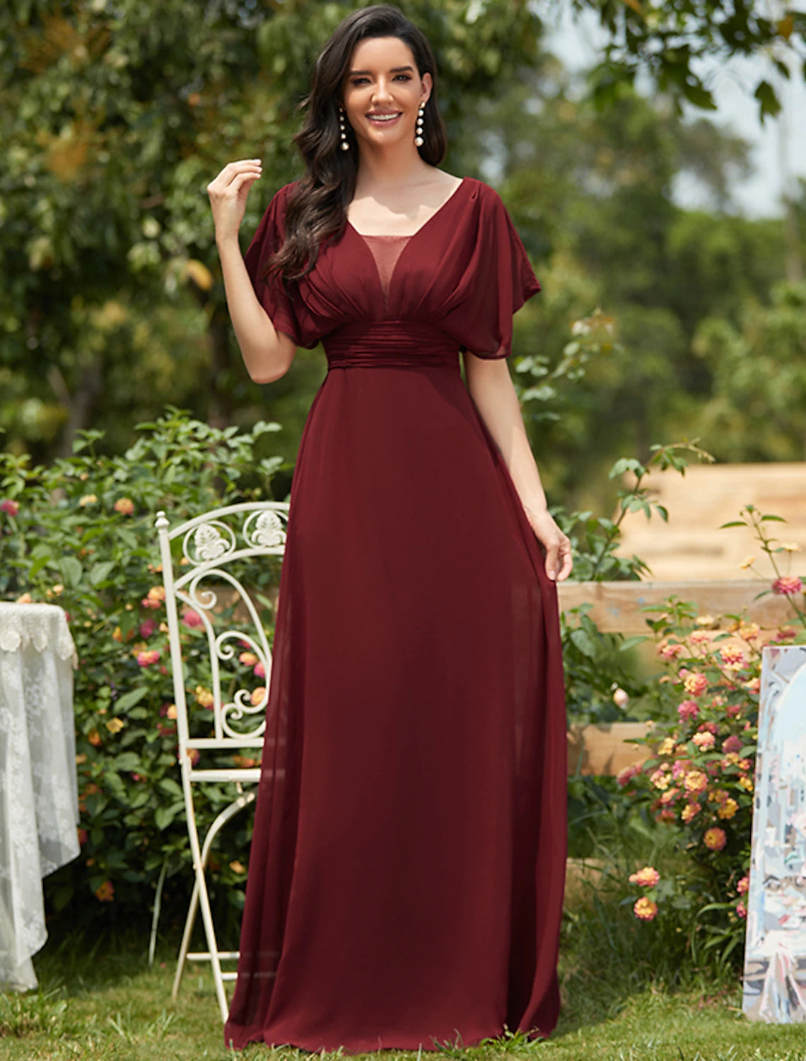 wholesale  A-Line Elegant Formal Evening Dress V Neck Short Sleeve Floor Length Chiffon with Draping