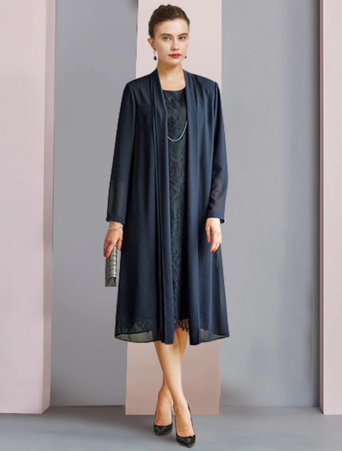 wholesale  Two Piece Sheath / Column Mother of the Bride Dress Formal Wedding Guest Party Elegant Scoop Neck Tea Length Chiffon Lace 3/4 Length Sleeve with Solid Color