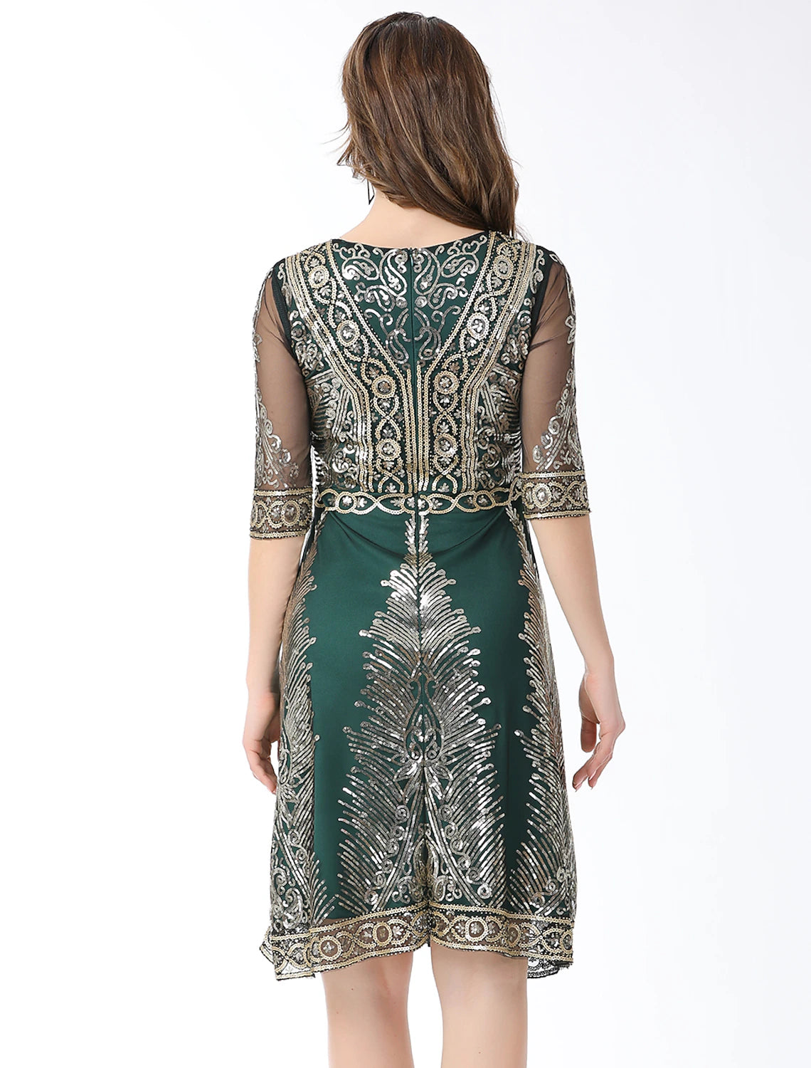 wholesa A-Line Elegant Vintage Holiday Party Wear Dress Jewel Neck Half Sleeve Knee Length Cotton Blend with Sequin Splicing