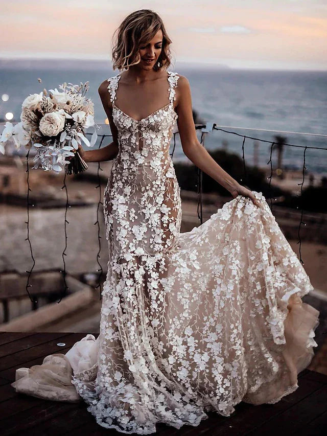Wholesa Beach Sexy Boho Wedding Dresses Court Train Mermaid / Trumpet Sleeveless V Neck Lace With Appliques
