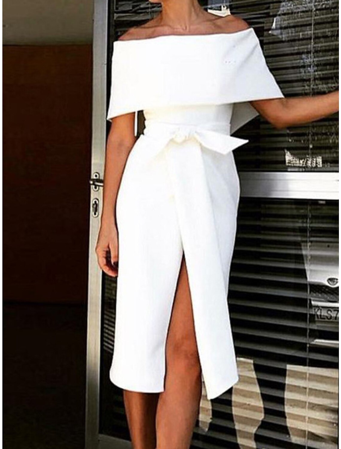 Wholesa Reception Little White Dresses Wedding Dresses Sheath / Column Off Shoulder Short Sleeve Knee Length Stretch Fabric Bridal Gowns With Bow(s) Split Front