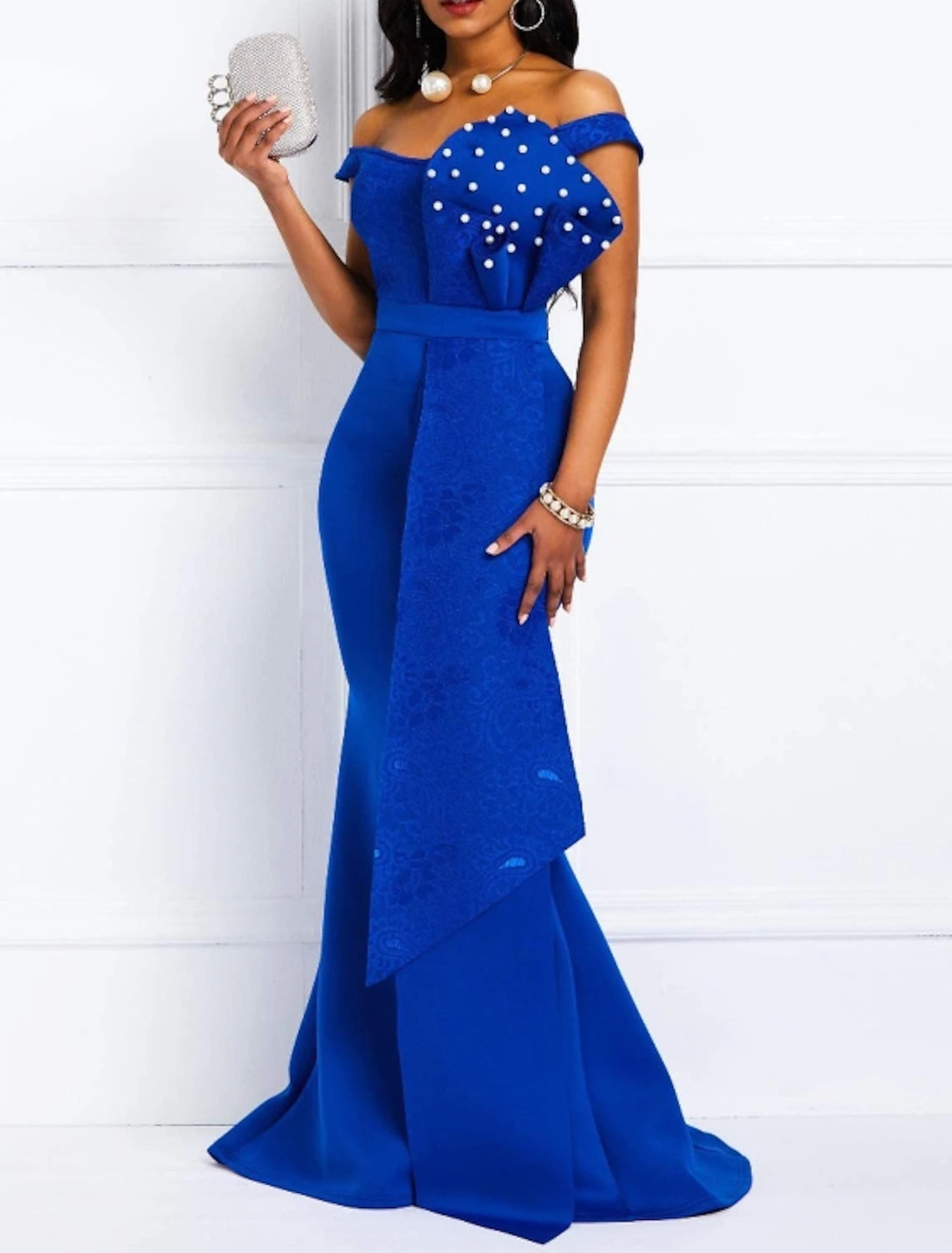 Wholesa Mermaid Party Dress Beautiful Back Elegant Engagement Formal Evening Dress Off Shoulder Short Sleeve Sweep / Brush Train Lace with Sash / Ribbon Pearls