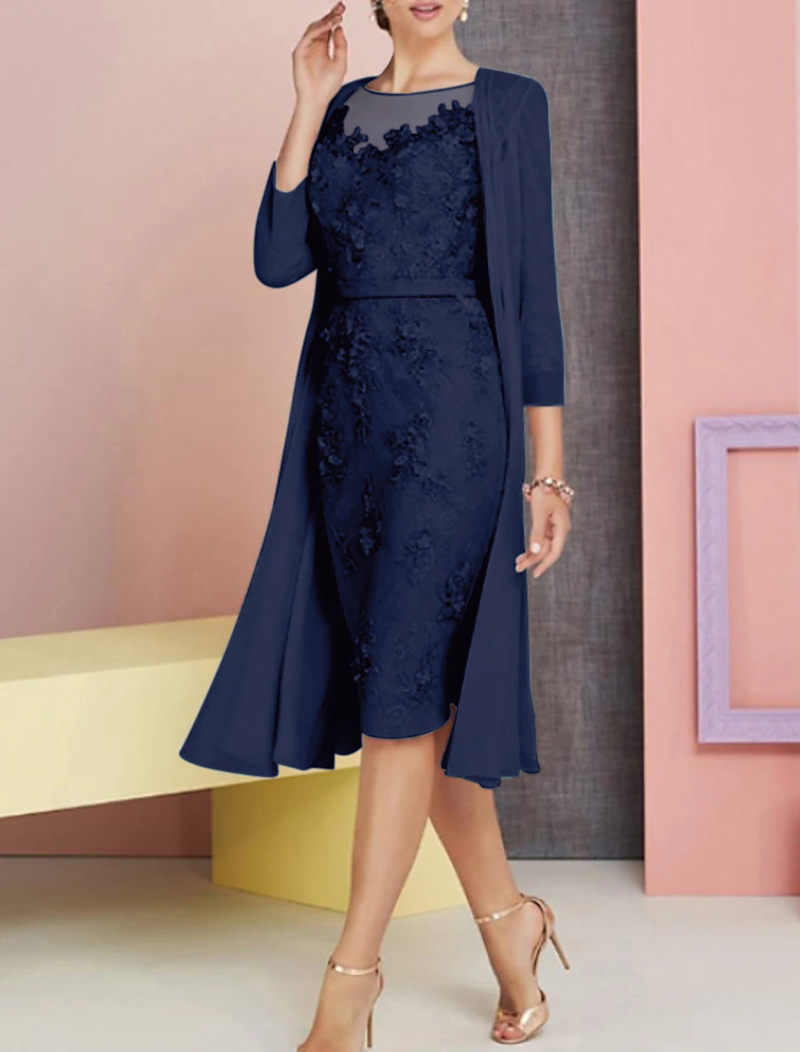 Wholesa Two Piece Sheath / Column Mother of the Bride Dress Wedding Guest Church Elegant Vintage Plus Size Bateau Neck Knee Length Chiffon Lace 3/4 Length Sleeve Jacket Dresses with Appliques