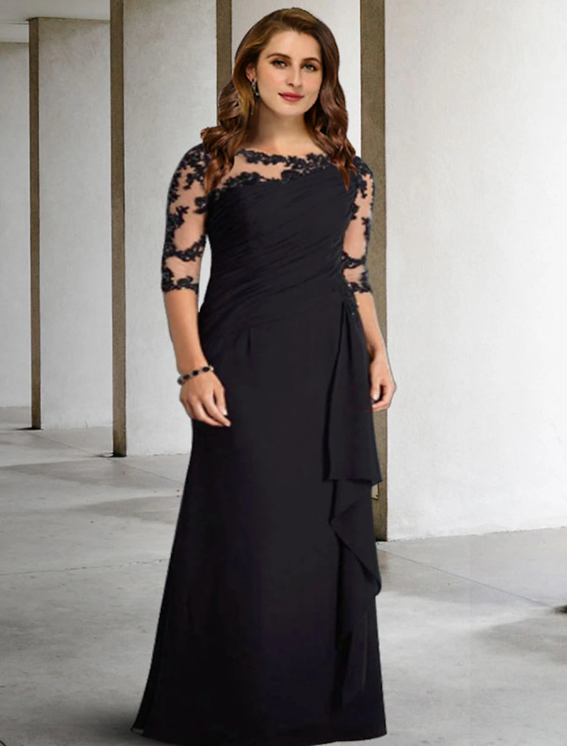 wholesale  A-Line Mother of the Bride Dresses Plus Size Hide Belly Curve Elegant Fall Wedding Guest Dress Formal Floor Length Half Sleeve Jewel Neck Chiffon with Pleats Ruched Appliques