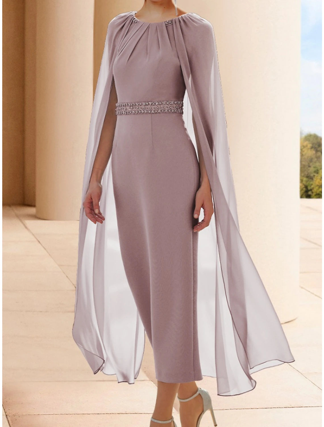 Wholesa  Sheath / Column Mother of the Bride Dress Wedding Guest Elegant Scoop Neck Ankle Length Chiffon Sleeveless with Beading Ruching