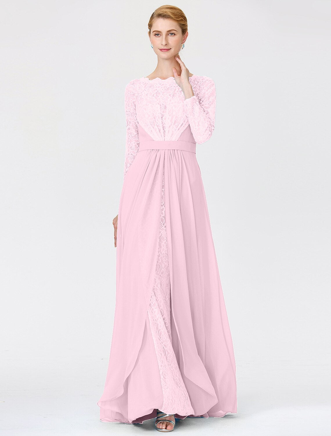 Wholesa A-Line Ball Gown Scoop Neck Floor Length Chiffon Lace Mother of the Bride Dress with Sash