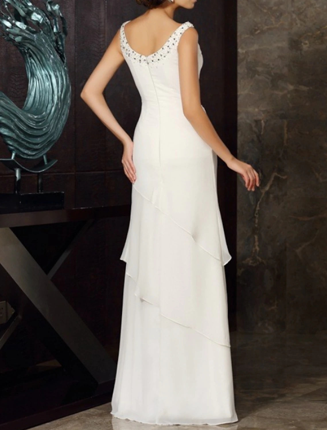 Wholesa Two Piece Sheath / Column Mother of the Bride Dress Wedding Guest Elegant Plus Size Jewel Neck Floor Length Chiffon Long Sleeve Wrap Included Short Jacket Dresses with Beading Cascading Ruffles