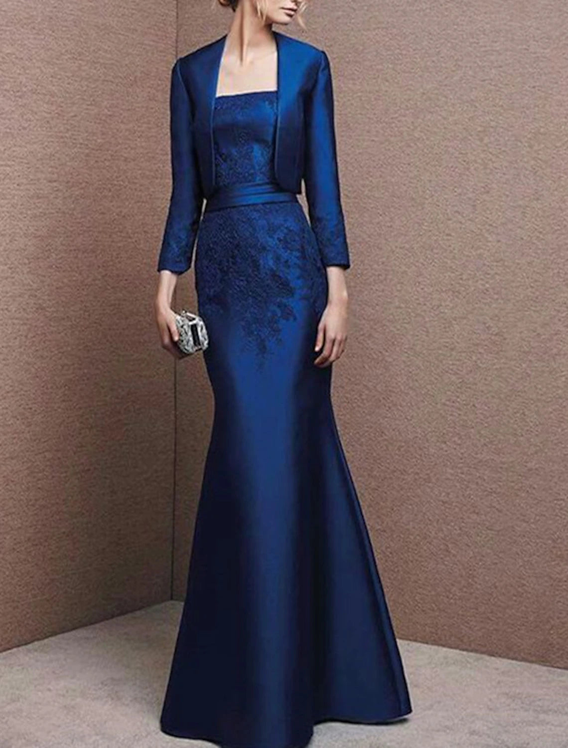 Wholesa Two Piece Mermaid / Trumpet Mother of the Bride Dress Wedding Guest Elegant Strapless Floor Length Satin Lace 3/4 Length Sleeve with Appliques Solid Color