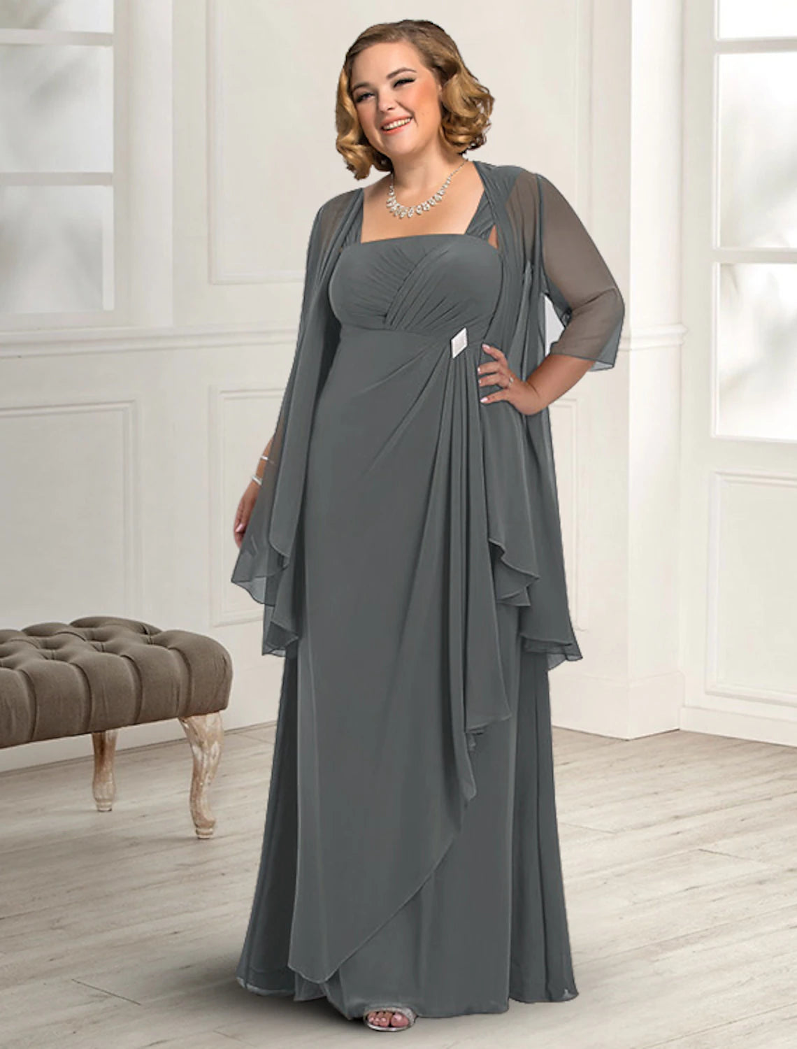 wholesale   Two Piece A-Line Mother of the Bride Dress Fall Wedding Guest Dresses Plus Size Elegant Square Neck Floor Length Chiffon Sleeveless Jacket Dresses with Pleats