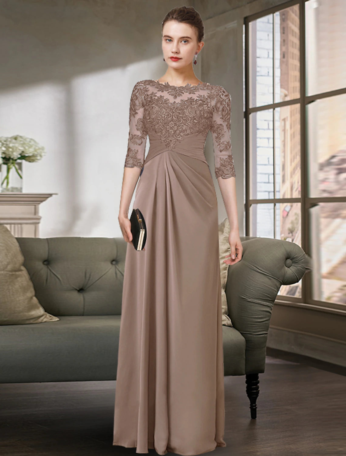 wholesale  Sheath / Column Mother of the Bride Dress Simple Elegant Jewel Neck Floor Length Chiffon Lace Half Sleeve with Pleats Solid Color