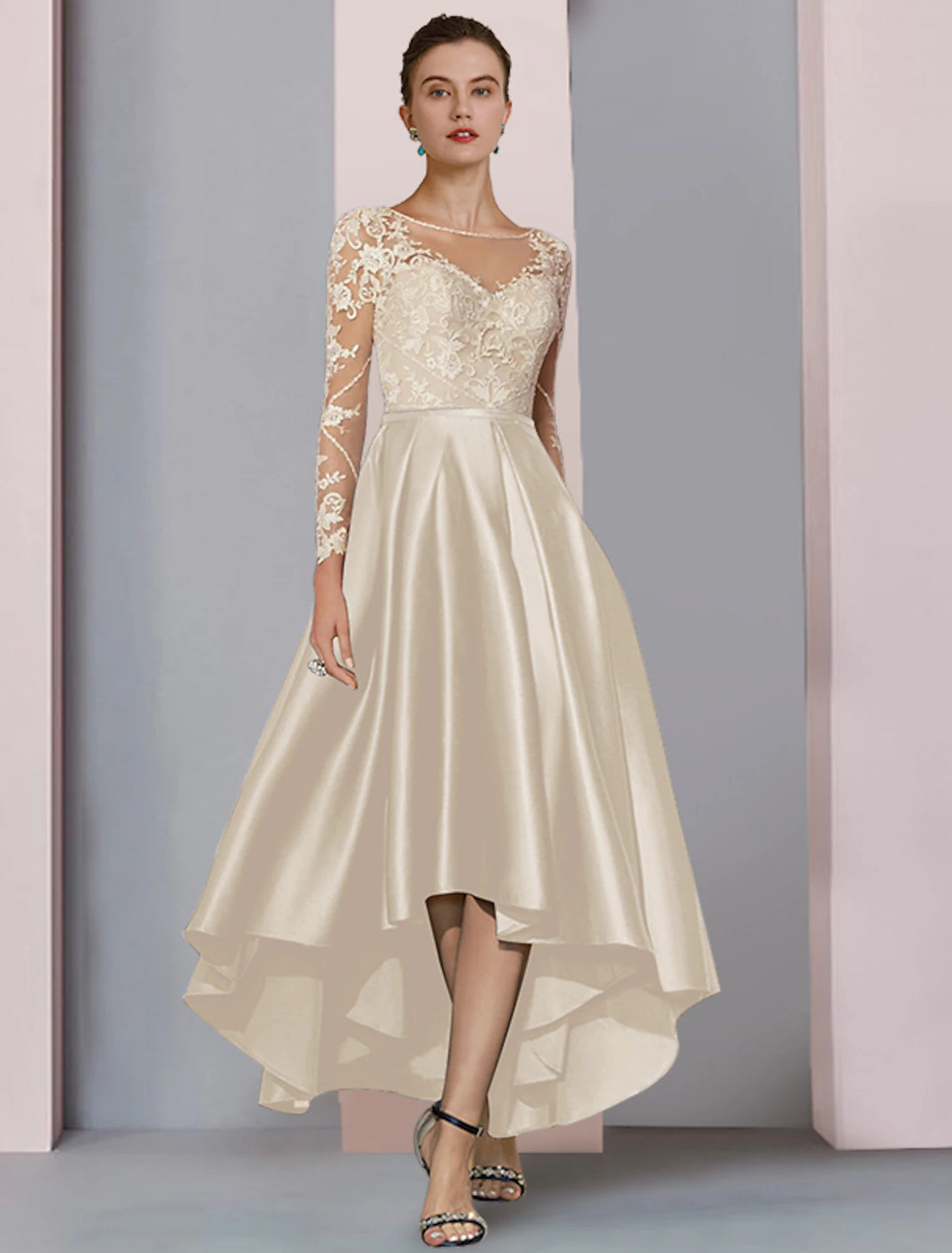 wholesale  A-Line Mother of the Bride Dress Wedding Guest Elegant High Low Scoop Neck Asymmetrical Tea Length Satin Lace Long Sleeve with Pleats Beading Appliques