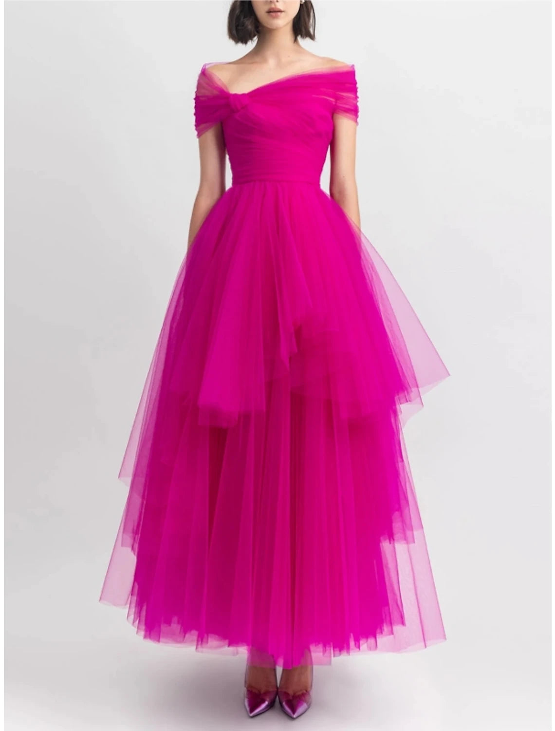 Wholesa A-Line Evening Gown Party Dress Puffy Dress Formal Fall Ankle Length Short Sleeve Off Shoulder Tulle with Pleats Ruched