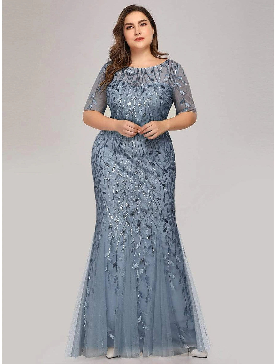 wholesa Mermaid / Trumpet Empire Elegant Party Wear Formal Evening Dress Jewel Neck Short Sleeve Floor Length Tulle with Embroidery / Illusion Sleeve
