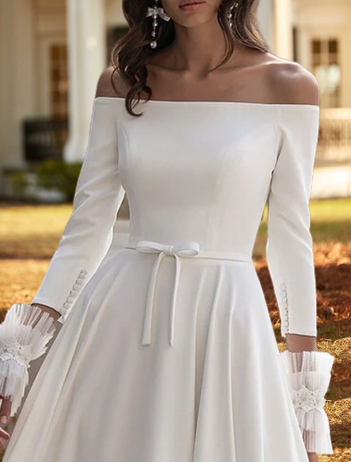 Wholesa Casual Wedding Dresses A-Line Off Shoulder 3/4 Length Sleeve Court Train Stretch Fabric Bridal Gowns With Bow(s) Pleats