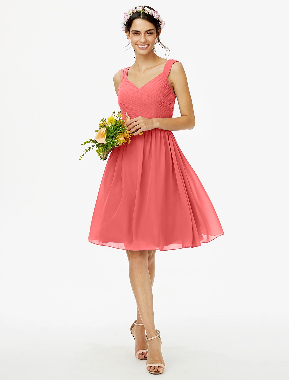 Wholesa  A-Line Bridesmaid Dress Straps Sleeveless Open Back Knee Length Chiffon with Sash / Ribbon / Bow(s) / Criss Cross