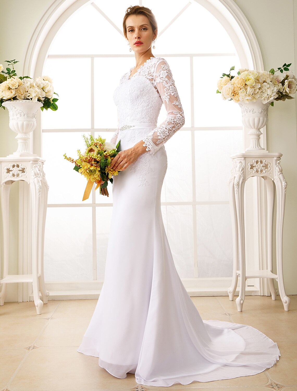 wholesale  Engagement Open Back Fall Formal Wedding Dresses Mermaid / Trumpet Illusion Neck Long Sleeve Court Train Chiffon Bridal Gowns With Sash / Ribbon Appliques