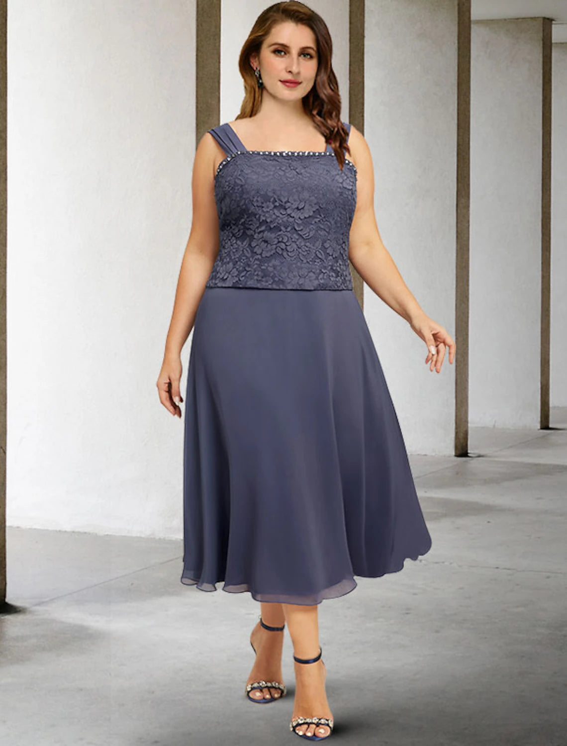 wholesale  Two Piece A-Line Mother of the Bride Dresses Plus Size Hide Belly Curve Elegant Dress Formal Tea Length Sleeveless Square Neck Chiffon with Beading