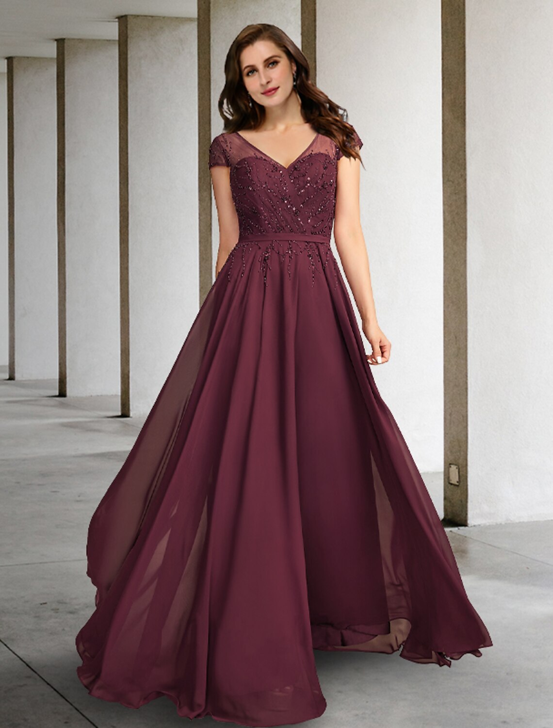 wholesale  A-Line Mother of the Bride Dresses Plus Size Hide Belly Curve Elegant Dress Formal Floor Length Short Sleeve V Neck Chiffon with Pleats Beading