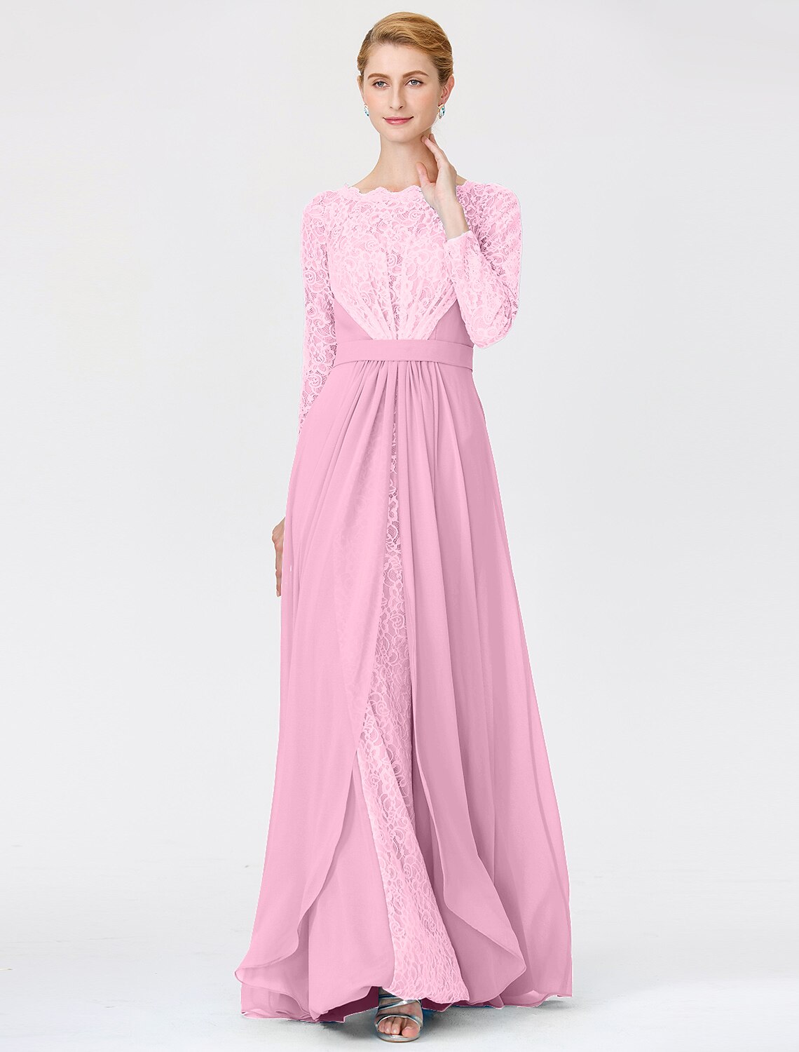 Wholesa A-Line Ball Gown Scoop Neck Floor Length Chiffon Lace Mother of the Bride Dress with Sash