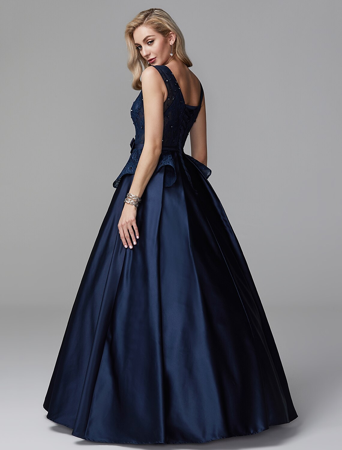 Wholesa Ball Gown Peplum Quinceanera Formal Evening Dress V Neck Sleeveless Floor Length Lace with Bow(s) Beading