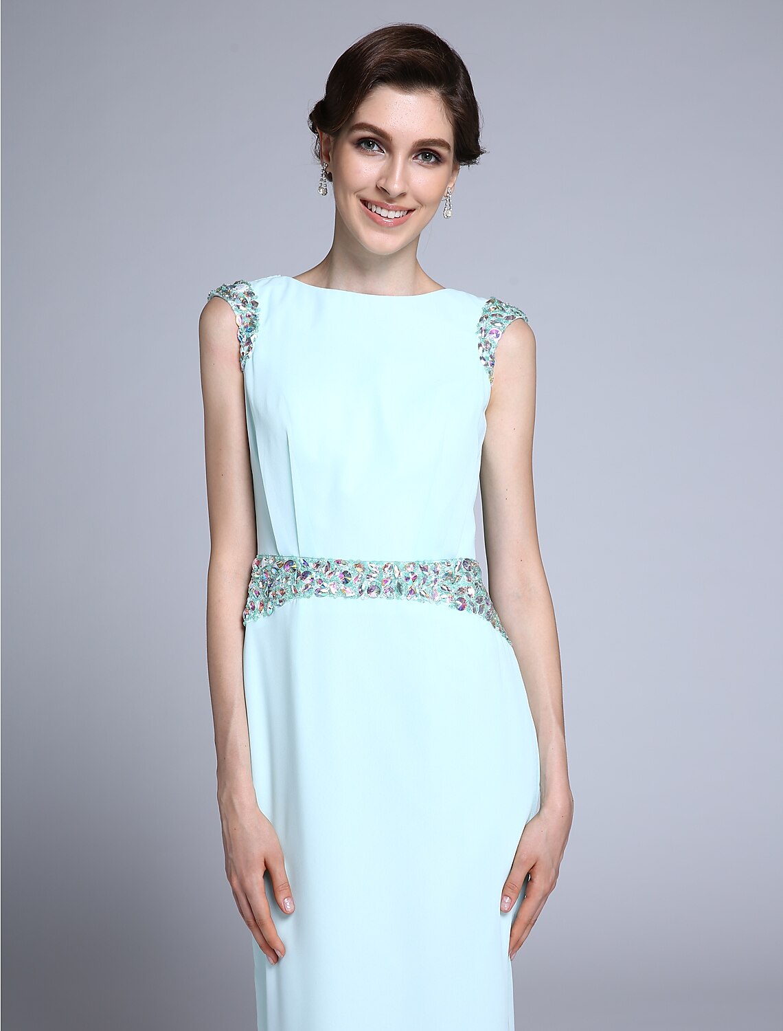wholesale   Sheath / Column Mother of the Bride Dress Elegant Bateau Neck Ankle Length Chiffon Sleeveless No with Crystals