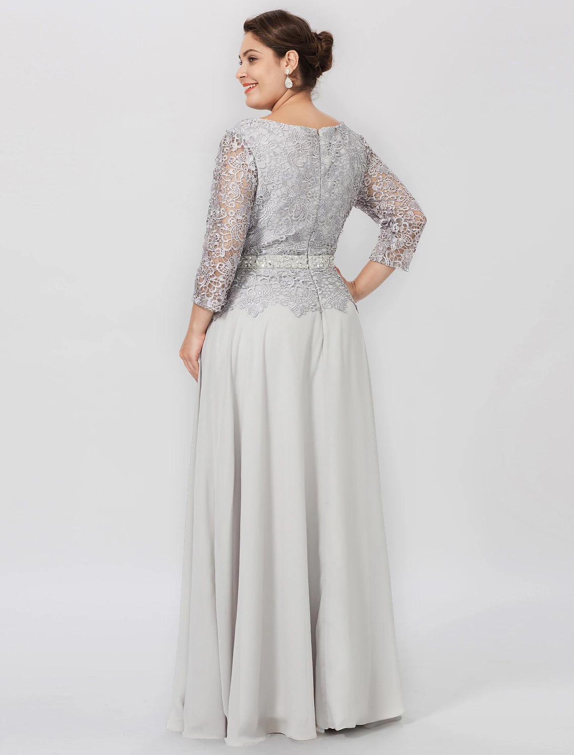 wholesale  Sheath / Column Mother of the Bride Dress Formal Plus Size Elegant Jewel Neck Floor Length Chiffon Corded Lace 3/4 Length Sleeve No with Lace