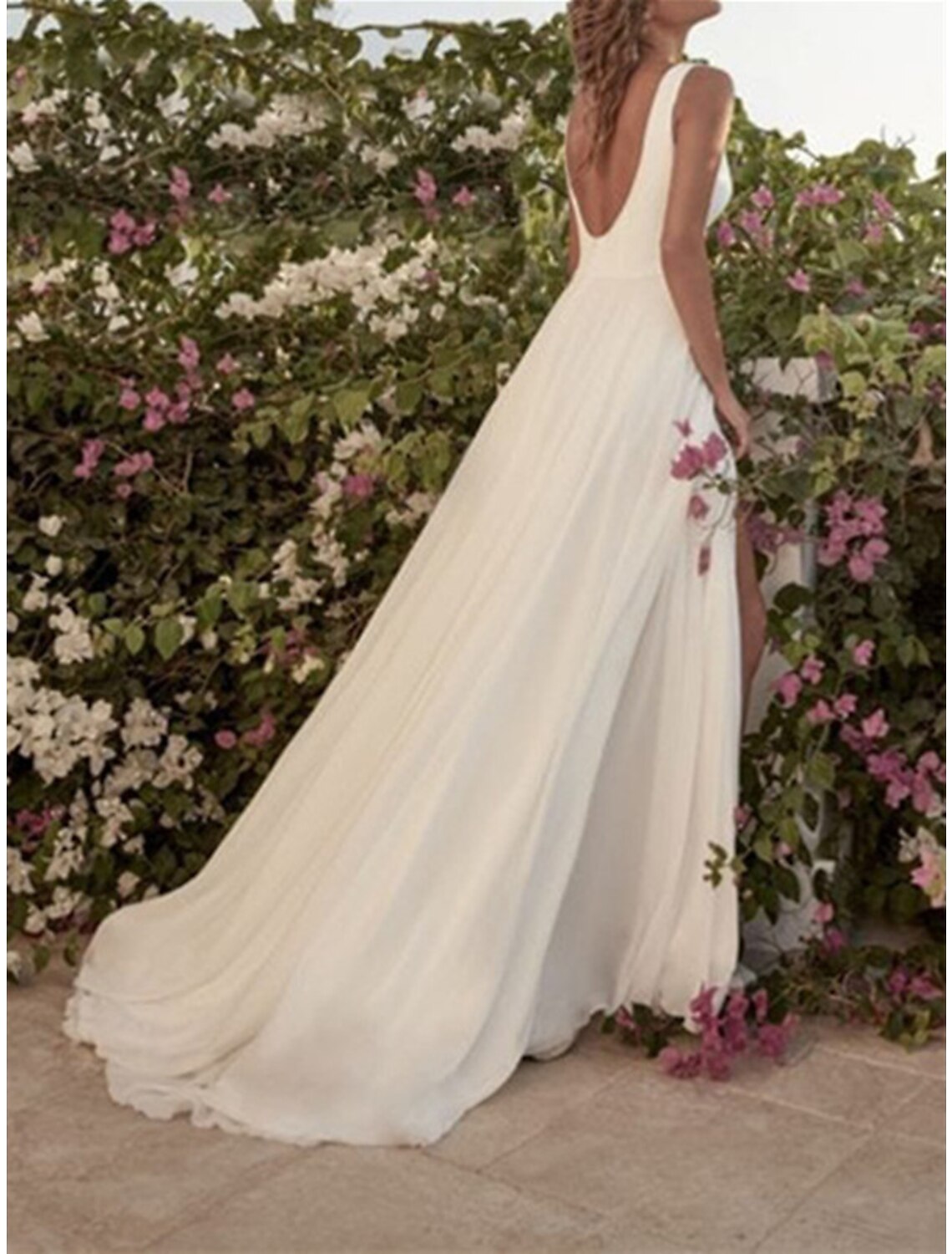 Wholesa  Hall Casual Wedding Dresses A-Line Scoop Neck Sleeveless Floor Length Chiffon Bridal Gowns With Split Front