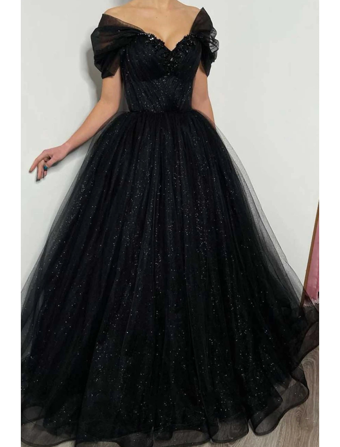 Wholesa A-Line Prom Dresses Elegant Dress Formal Floor Length Black Dress Short Sleeve Off Shoulder Tulle with Pleats Beading Sequin
