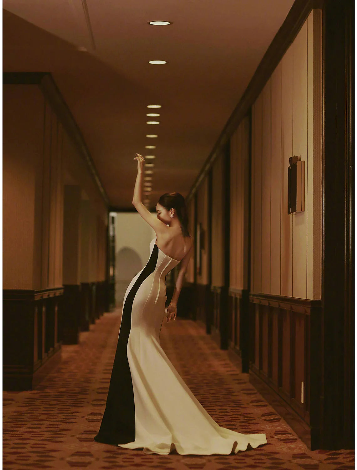 Wholesa Mermaid / Trumpet Evening Gown Color Block Dress Engagement Court Train Sleeveless Strapless Stretch Satin with Slit