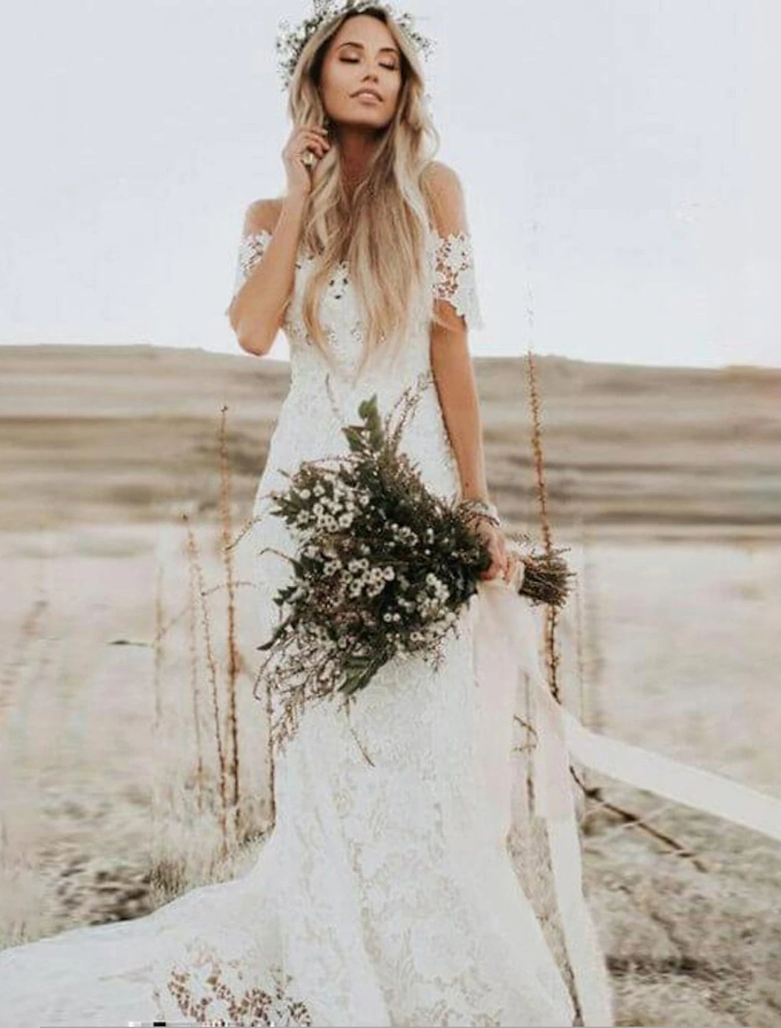wholesale   Beach Boho Wedding Dresses Mermaid / Trumpet Off Shoulder Cap Sleeve Chapel Train Lace Bridal Gowns With Appliques Solid Color