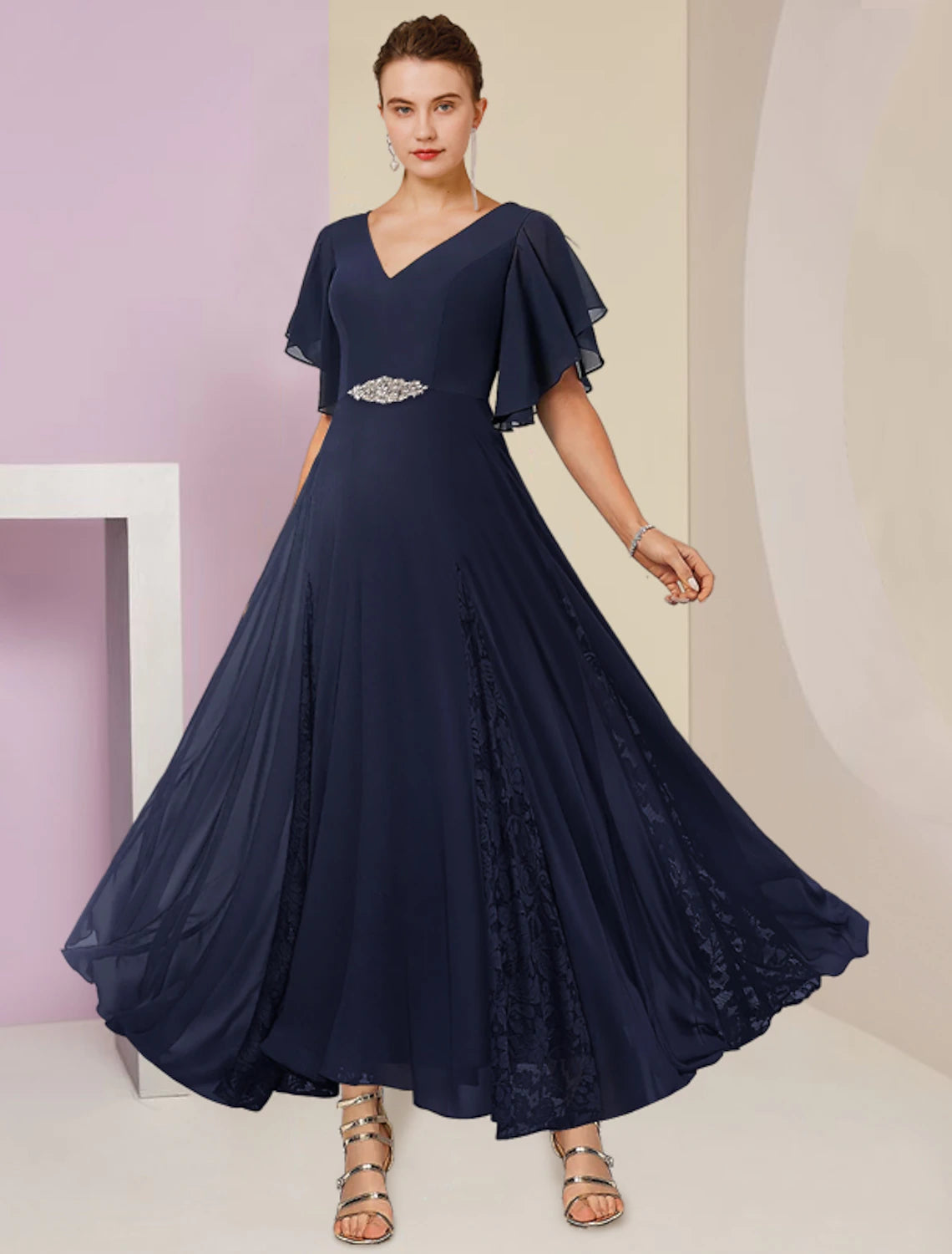 wholesale  A-Line Mother of the Bride Dress Formal Wedding Guest Elegant V Neck Ankle Length Chiffon Lace Short Sleeve with Pleats Crystal Brooch