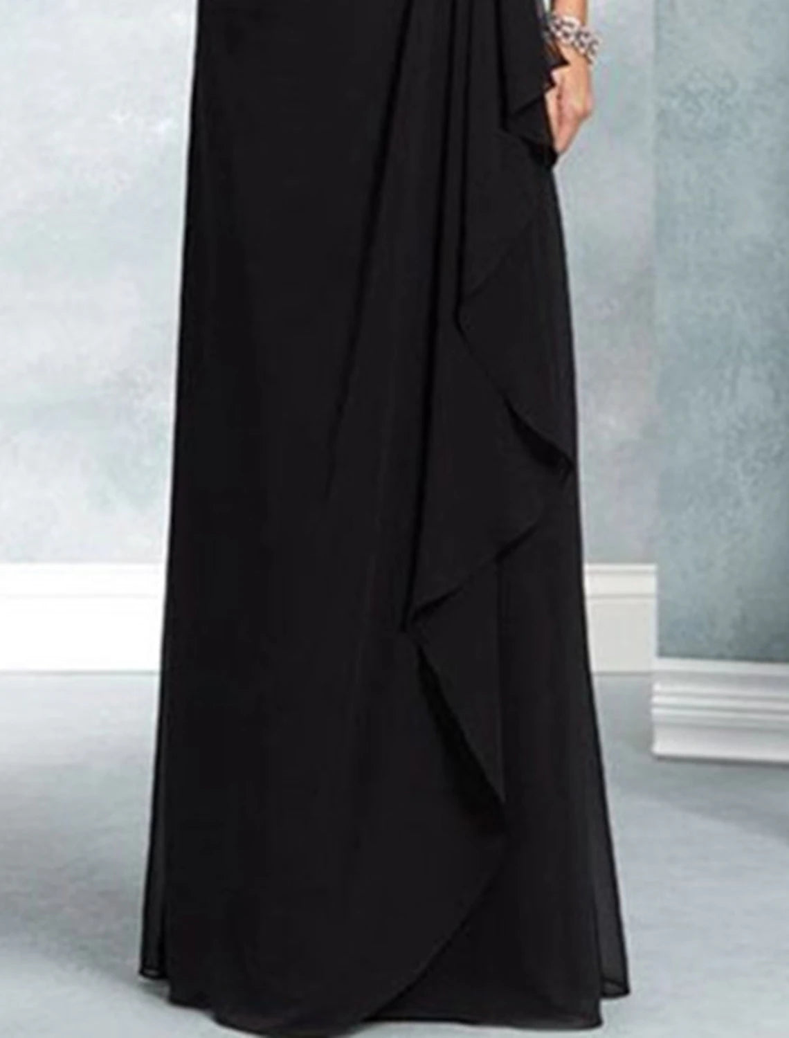 Wholesa A-Line Mother of the Bride Dress Wedding Guest Elegant Party Jewel Neck Floor Length Chiffon Lace 3/4 Length Sleeve with Sash / Ribbon Appliques