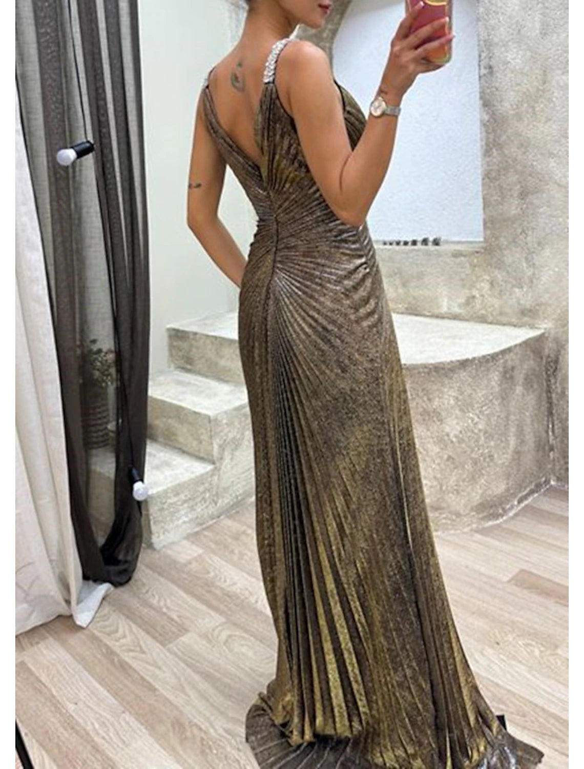Wholesa  Mermaid / Trumpet Prom Dresses Sparkle Dress Formal Evening Party Sweep / Brush Train Sleeveless V Neck Spandex with Rhinestone Pleats Slit