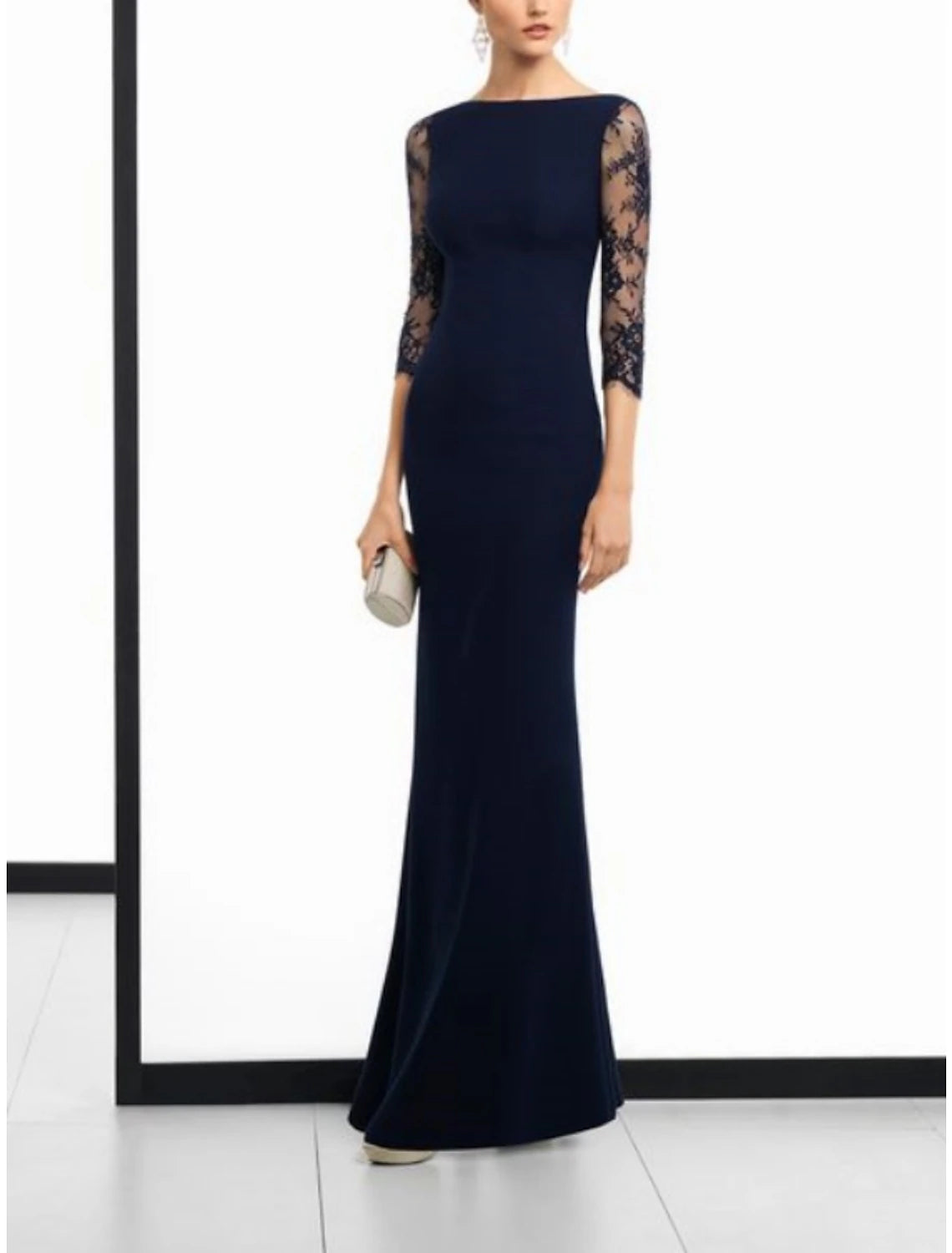 Wholesa  Sheath / Column Mother of the Bride Dress Wedding Guest Vintage Party Scoop Neck Floor Length Lace Stretch Fabric 3/4 Length Sleeve with Solid Color