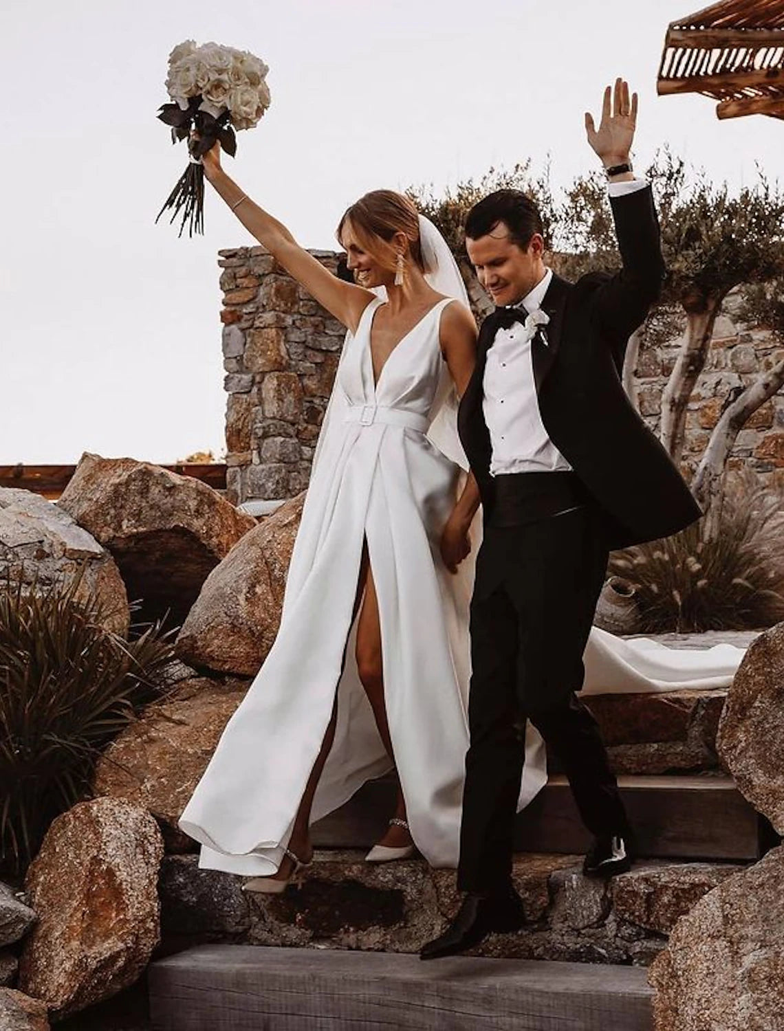 wholesale   Beach Casual Wedding Dresses A-Line V Neck Sleeveless Court Train Satin Bridal Gowns With Sashes / Ribbons Sash / Ribbon