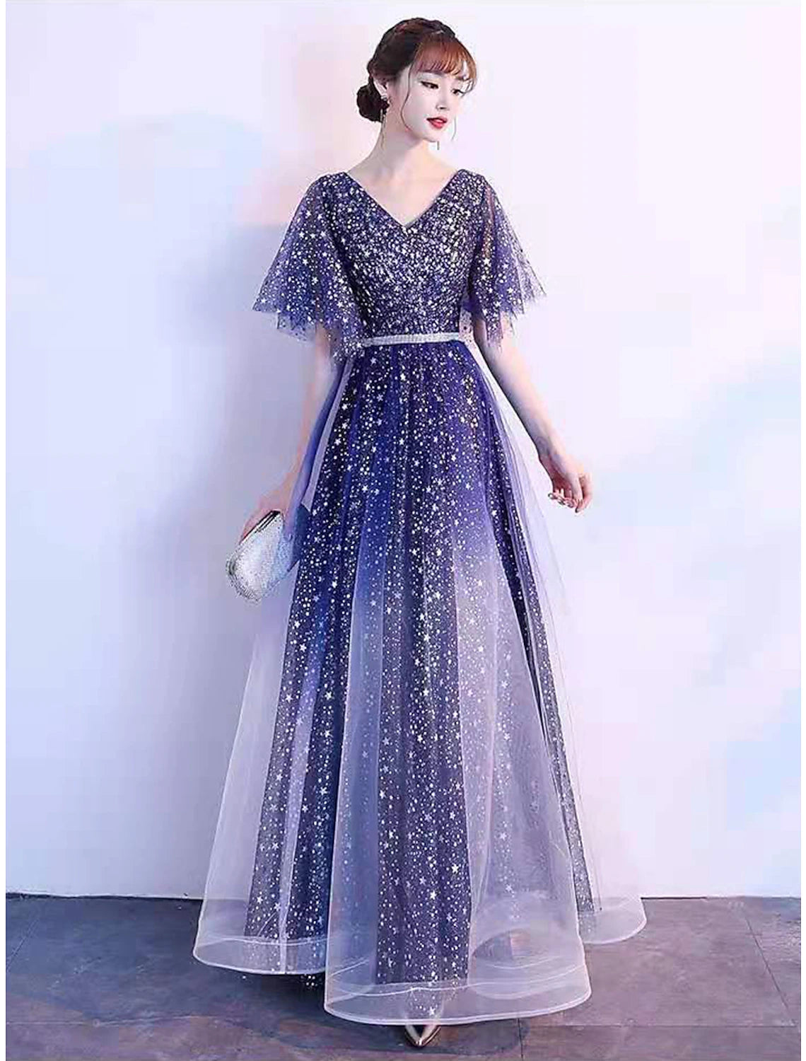 Wholesa A-Line Ombre Prom Birthday Dress V Neck Short Sleeve Floor Length Tulle with Sash / Ribbon Crystals