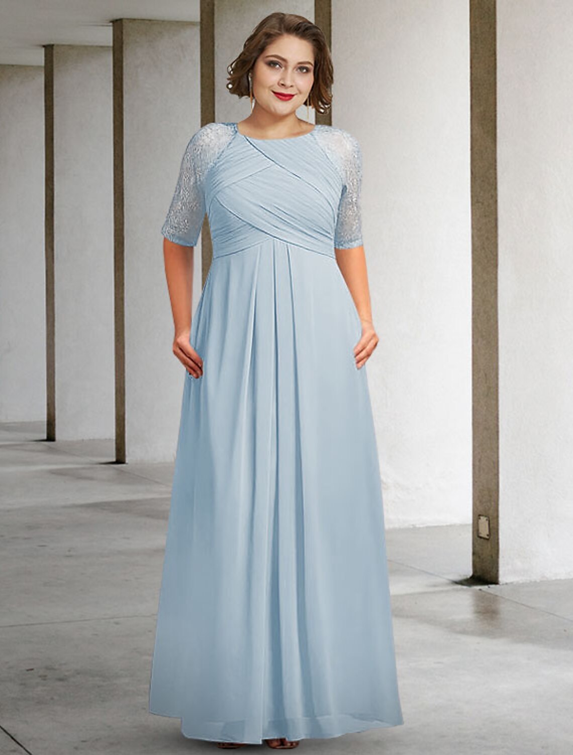 wholesale  A-Line Mother of the Bride Dress Plus Size Elegant Jewel Neck Floor Length Chiffon Lace Half Sleeve with Pleats Ruched Appliques