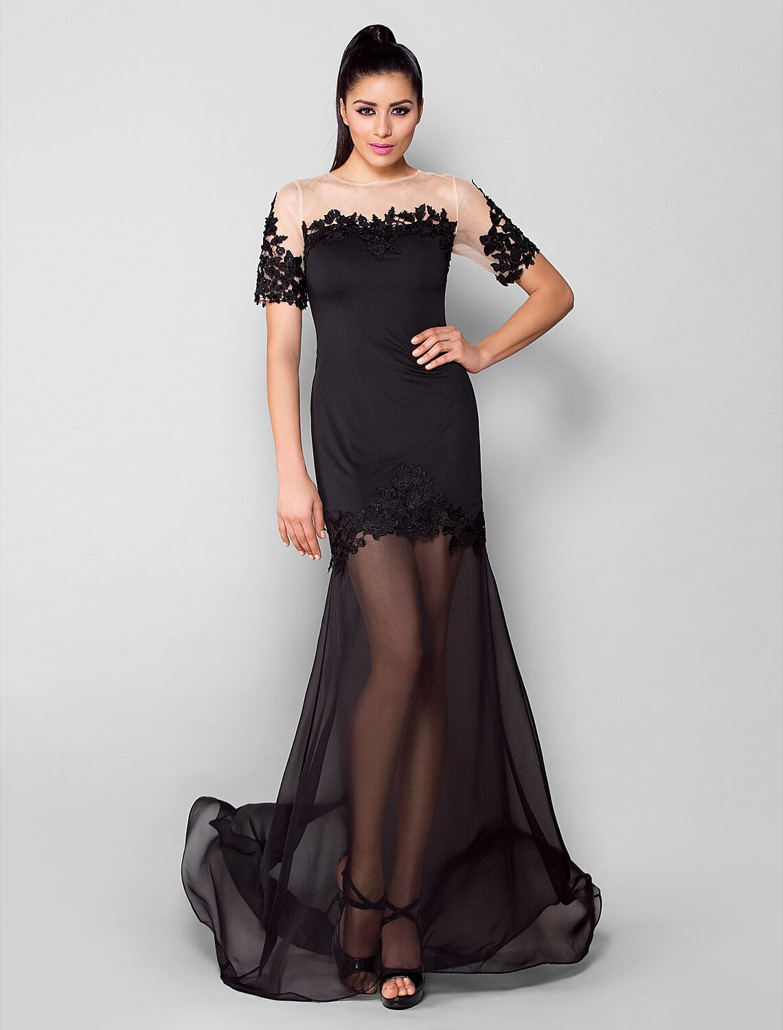 Wholesa Sheath / Column See Through Dress Formal Evening Sweep / Brush Train Short Sleeve Illusion Neck Chiffon with Beading Appliques