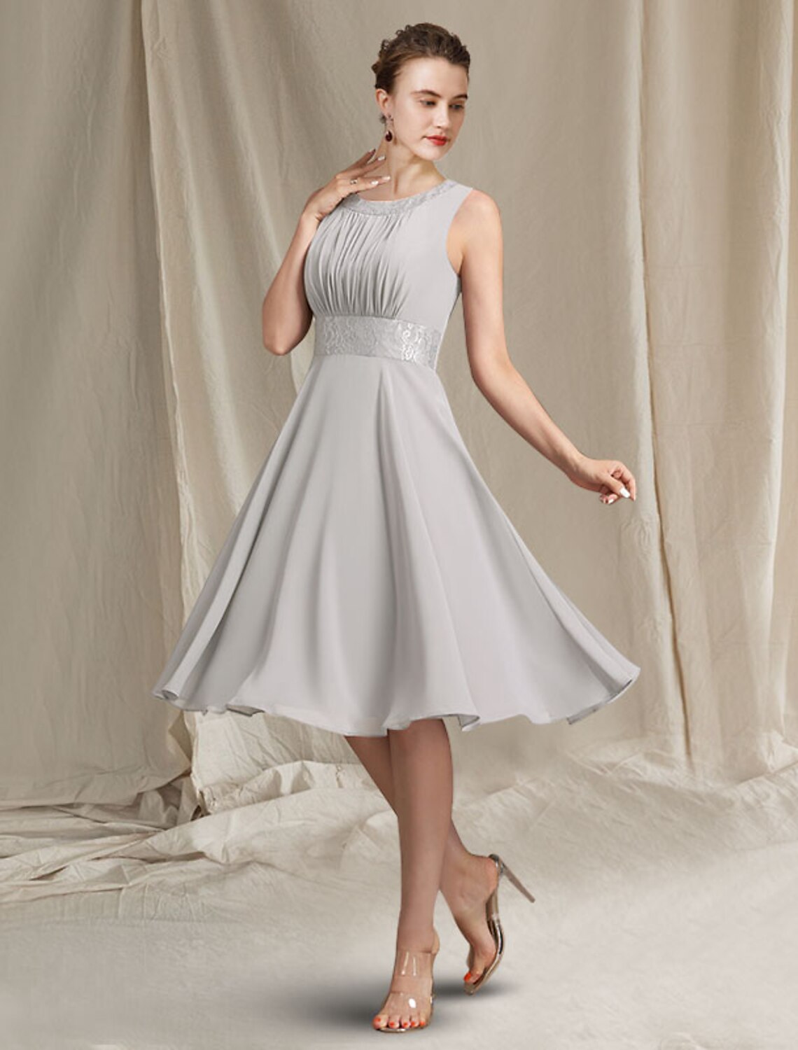 wholesale  Two Piece A-Line Mother of the Bride Dress Church Elegant Jewel Neck Knee Length Chiffon Lace Sleeveless Wrap Included with Pleats Appliques