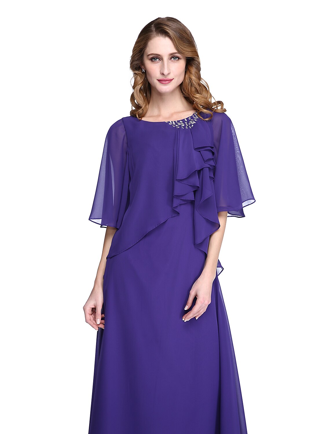 wholesale  Sheath / Column Mother of the Bride Dress Elegant Open Back Jewel Neck Floor Length Chiffon Half Sleeve with Pleats Beading Ruffle