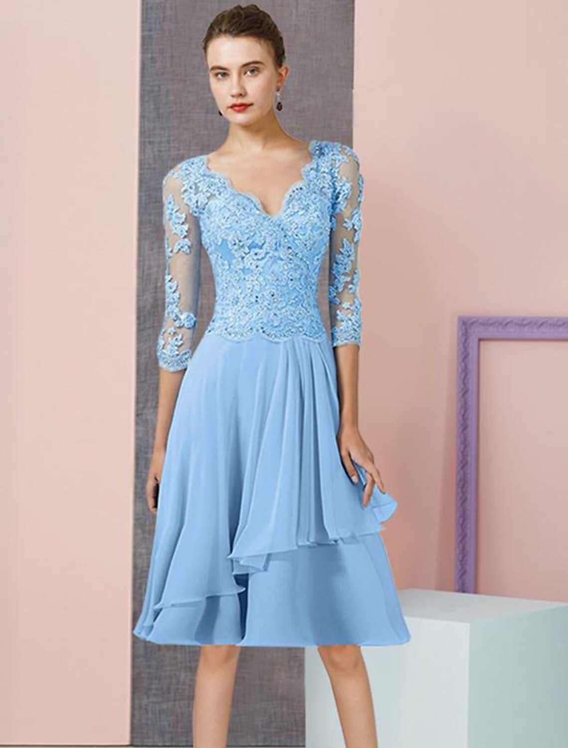wholesale  Two Piece A-Line Mother of the Bride Dress Formal Wedding Guest Elegant V Neck Knee Length Chiffon Lace 3/4 Length Sleeve Wrap Included with Beading Sequin Appliques
