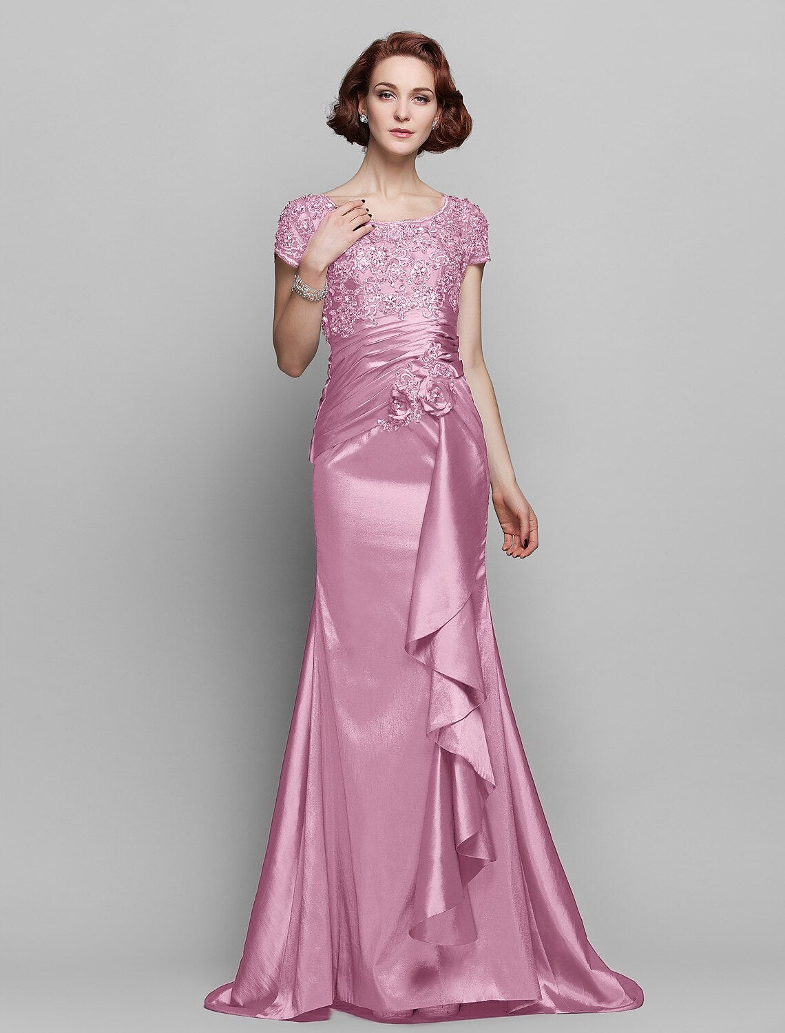 wholesale  Mermaid / Trumpet Mother of the Bride Dress See Through Scoop Neck Sweep / Brush Train Taffeta Beaded Lace Short Sleeve with Flower