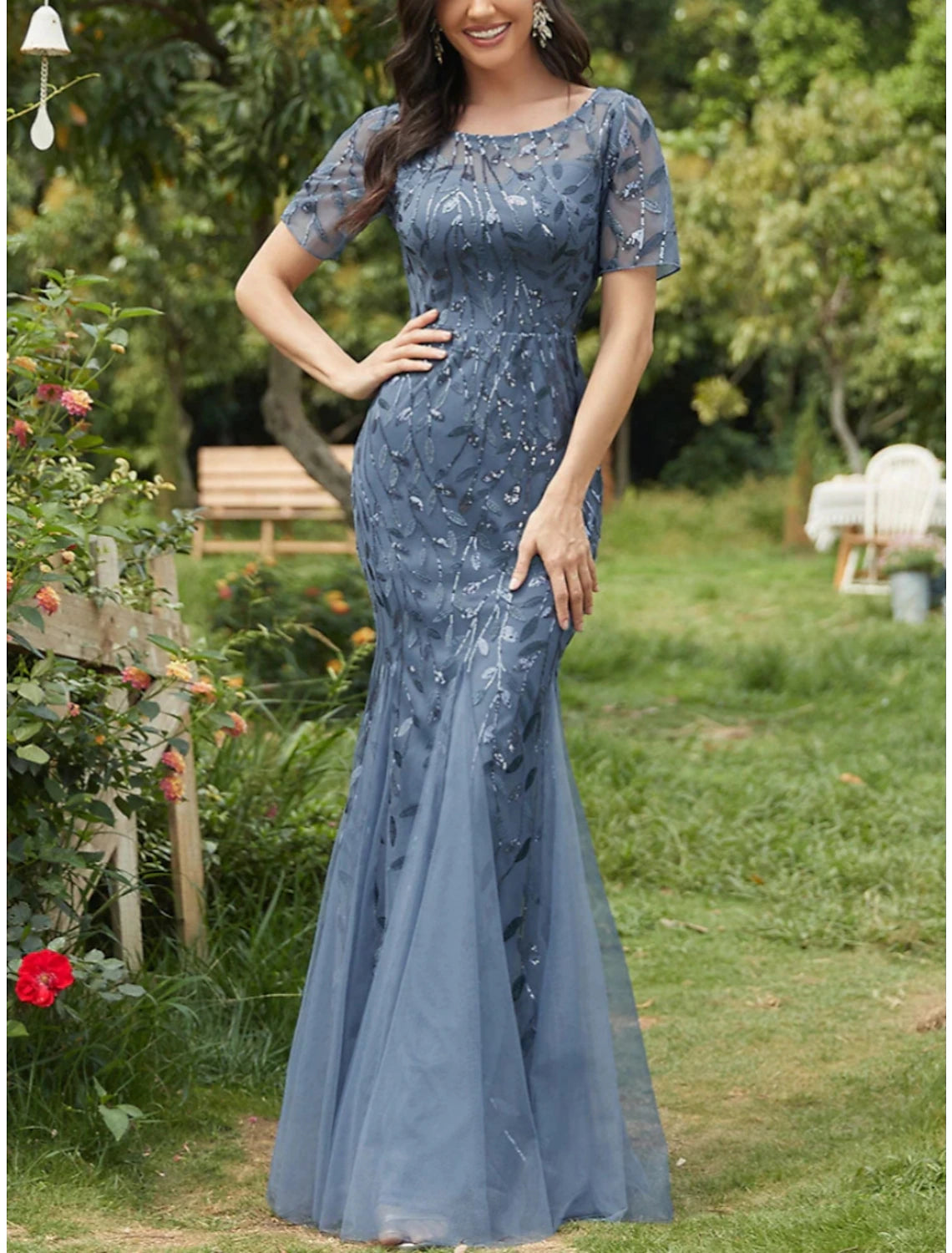 Wholesa Mermaid / Trumpet Mother of the Bride Dress Wedding Guest Elegant Sparkle & Shine Jewel Neck Floor Length Sequined Short Sleeve with Pleats Sequin