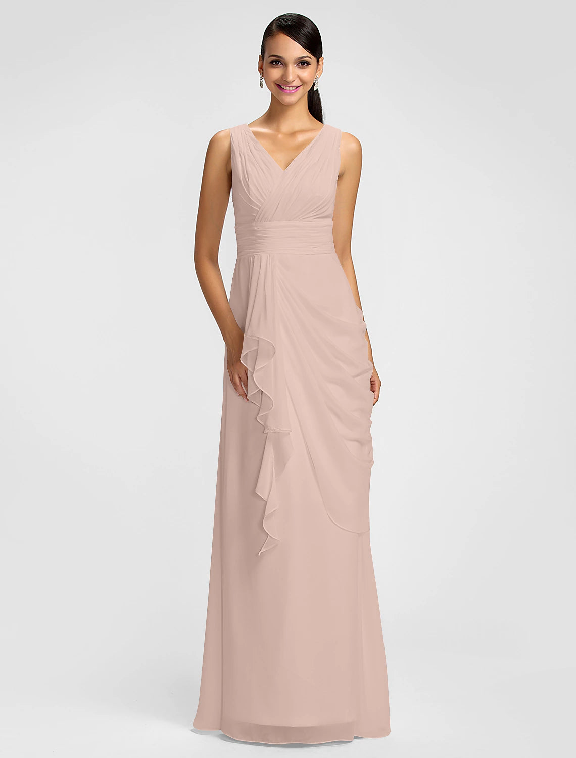 Wholesa Sheath / Column V Neck Floor Length Chiffon Bridesmaid Dress with Draping / Sash / Ribbon / Side Draping